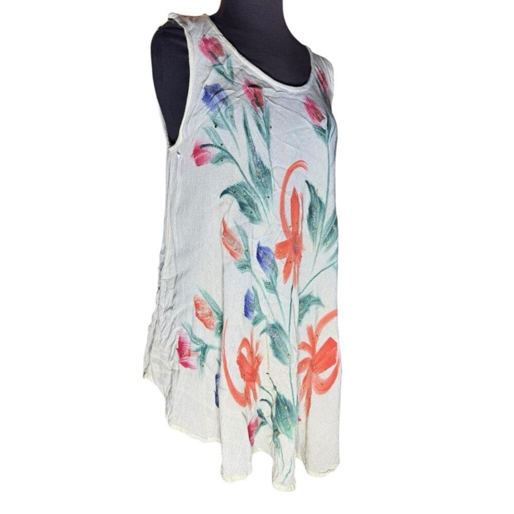 Vtg Asymmetric Metallic Painted Floral Boho Lagenlook Tunic Mini Dress OS Beach